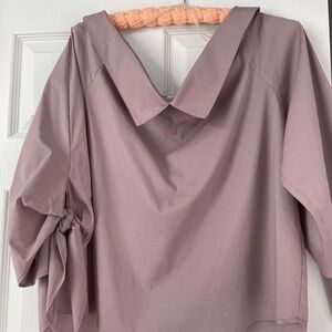 Anthropologie mauve off shoulder 22" long, dolman sleeve, cotton nylon spandex.